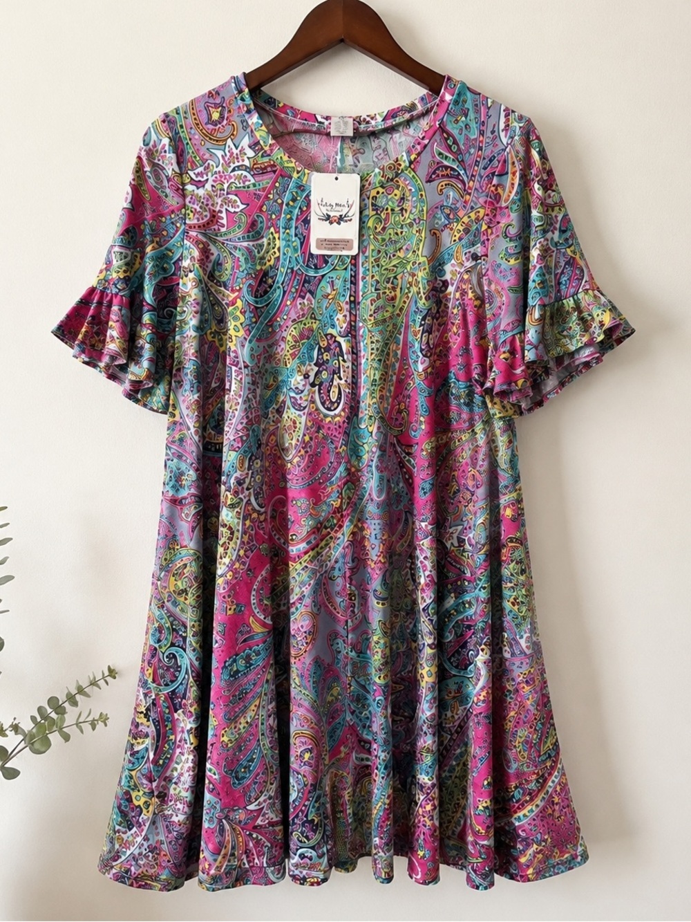 NWT Paisley Swing Dress Pink Teal Ruffle Sleeve Boho Flowy Large